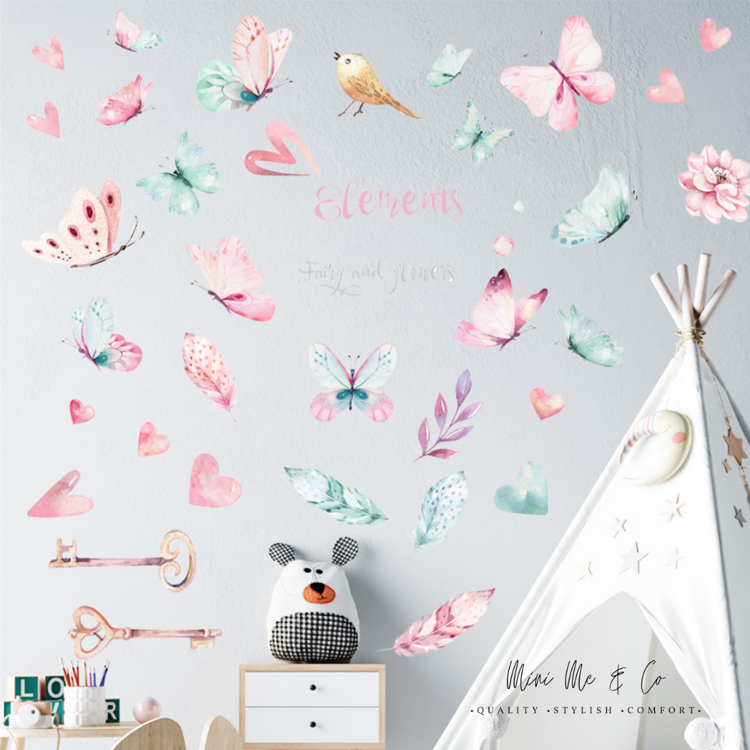 Removable fairy and floral decals on nursery wall
