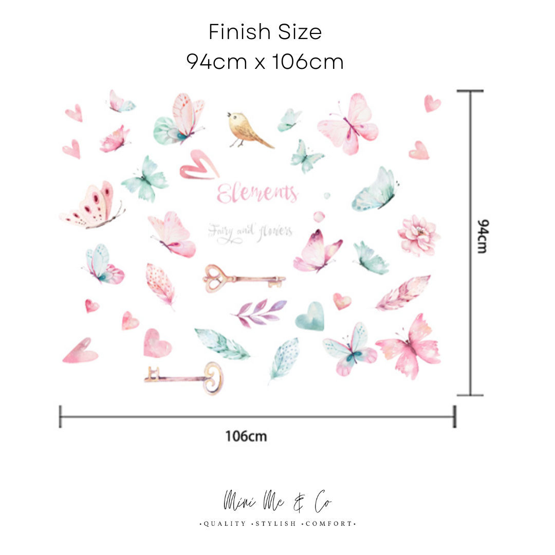 Close-up of fairies and flowers wall decals in pastel colours