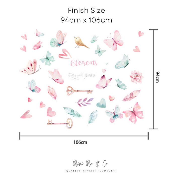Close-up of fairies and flowers wall decals in pastel colours