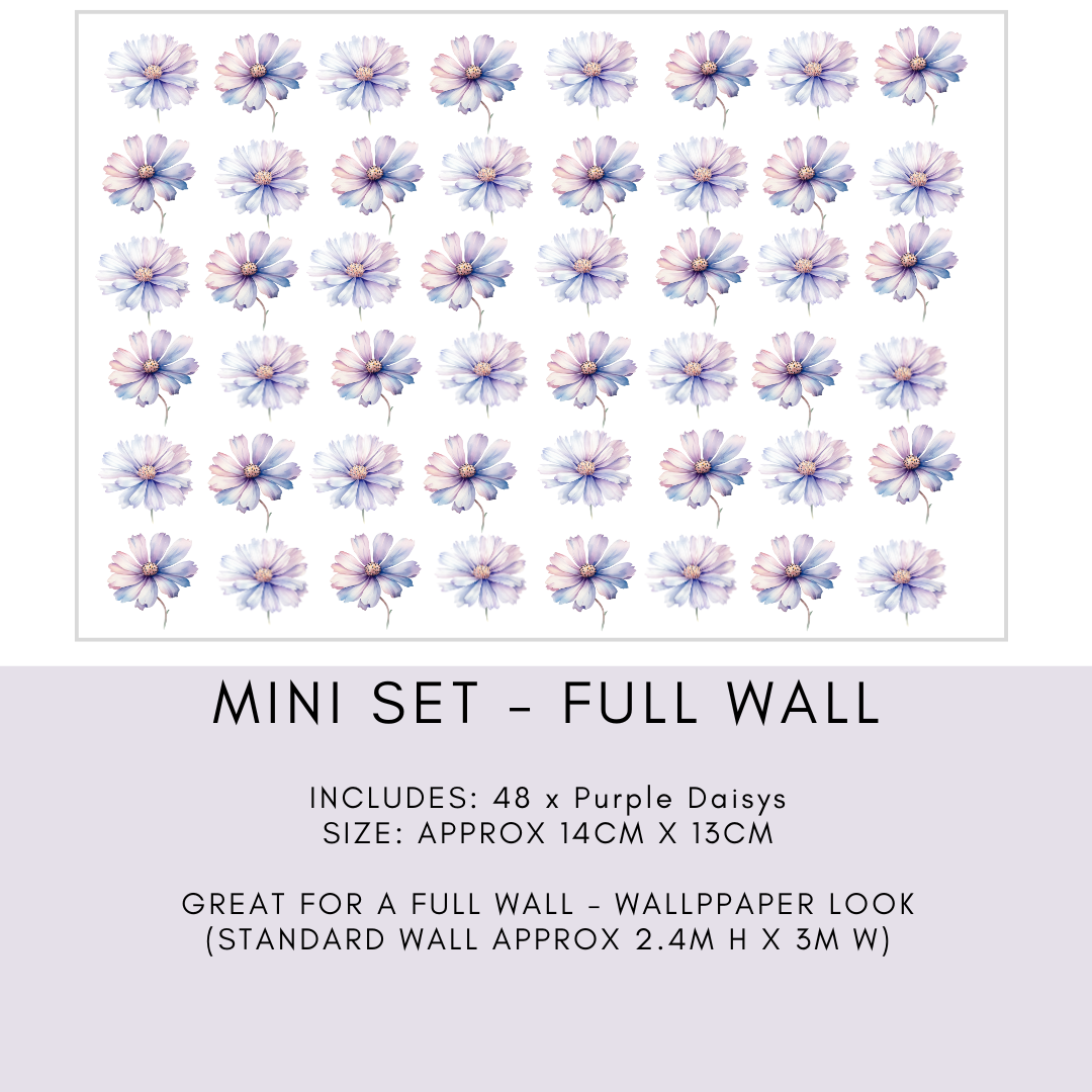 Nursery wall decals featuring purple daisies