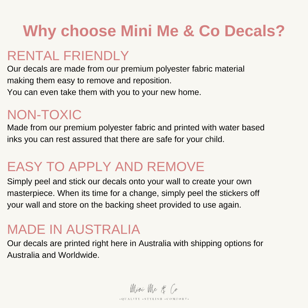 Text detailing the benefits of Mini Me & Co Decals on a light background