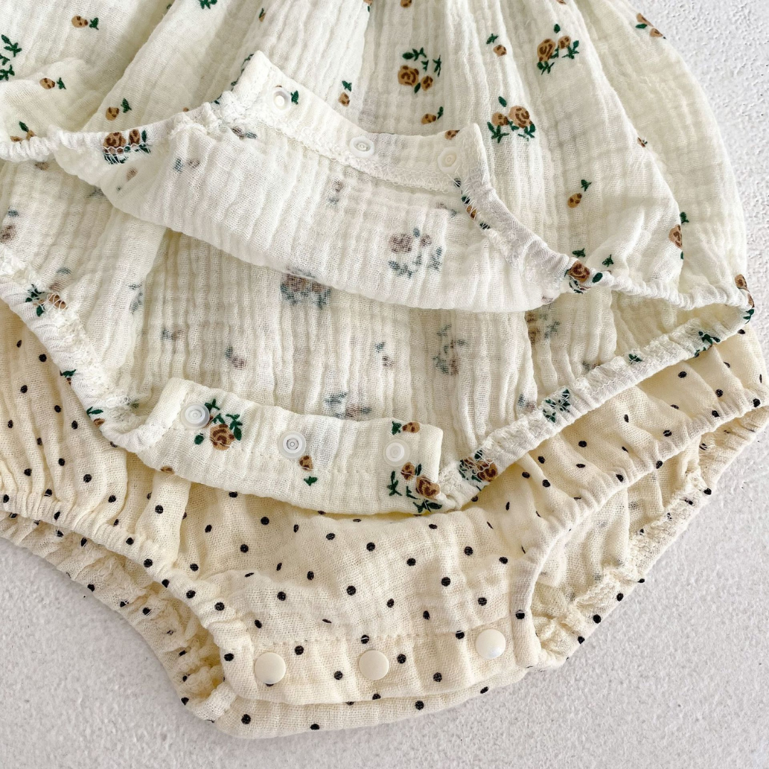Baby Muslin Romper & Matching Headband Set – Spotty or Floral