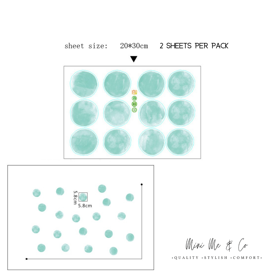 Mini Me & Co's Aqua Polka Dot Decals showcase vibrant aqua dots that add a whimsical touch to your child's room. Ideal for creating a playful environment, these removable wall stickers are safe and easy to apply.