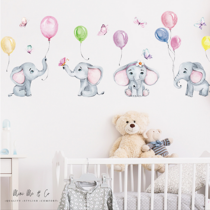 Whimsical baby elephant wall decal, perfect for decorating nurseries and kids' rooms
